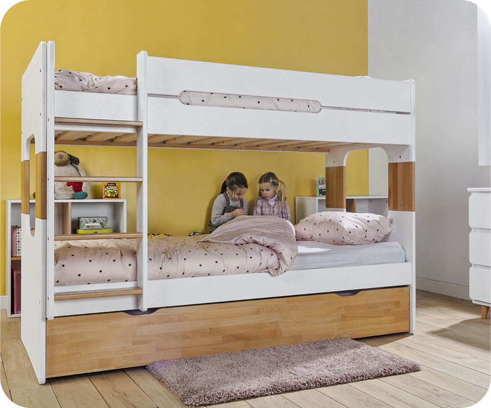 Lit Superposé Spark Blanc et Hêtre Naturel 90×200 cm avec Sommier Gigogne Hêtre Lit Superposé Spark Blanc et Hêtre Naturel 90×200 cm avec Sommier Gigogne Hêtre