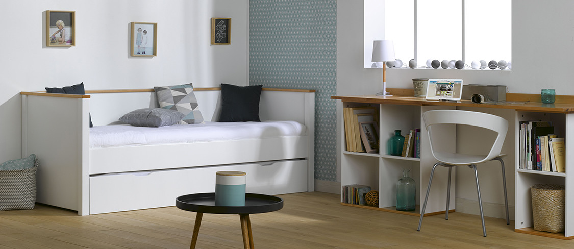 Pack lit gigogne nova blanc et hêtre 80x200 cm avec 2 matelas