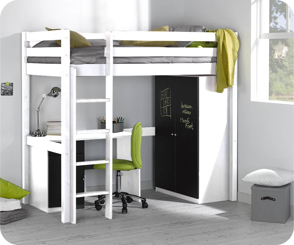 Set lit enfant mezzanine cargo blanc 90x190 cm Armoire enfant peinte