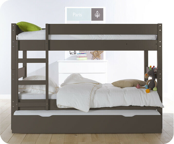 Lit superpos&eacute; enfant 1,2,3 couleur taupe avec sommier gigogne