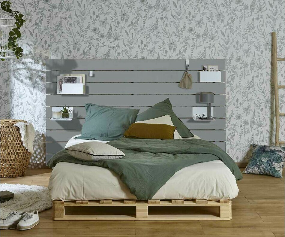 Lit palette Aro gris et bois avec tte de lit