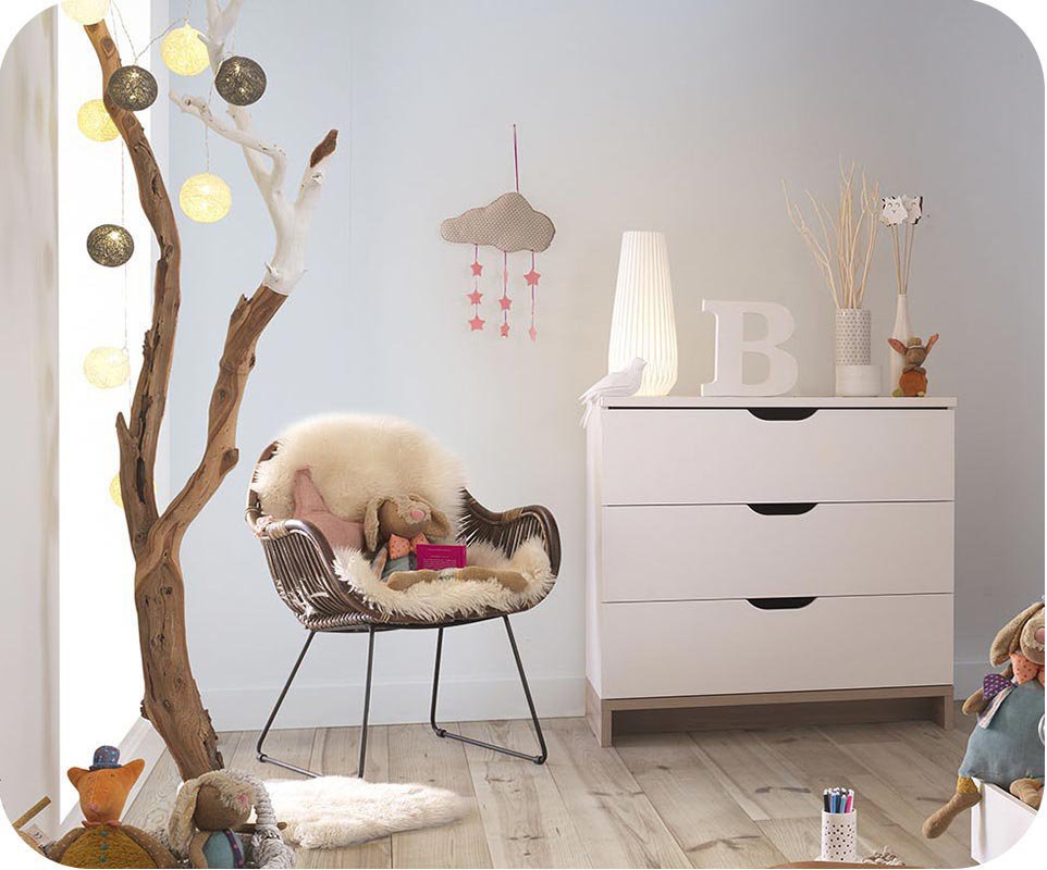 commode bébé Plume blanche et bois