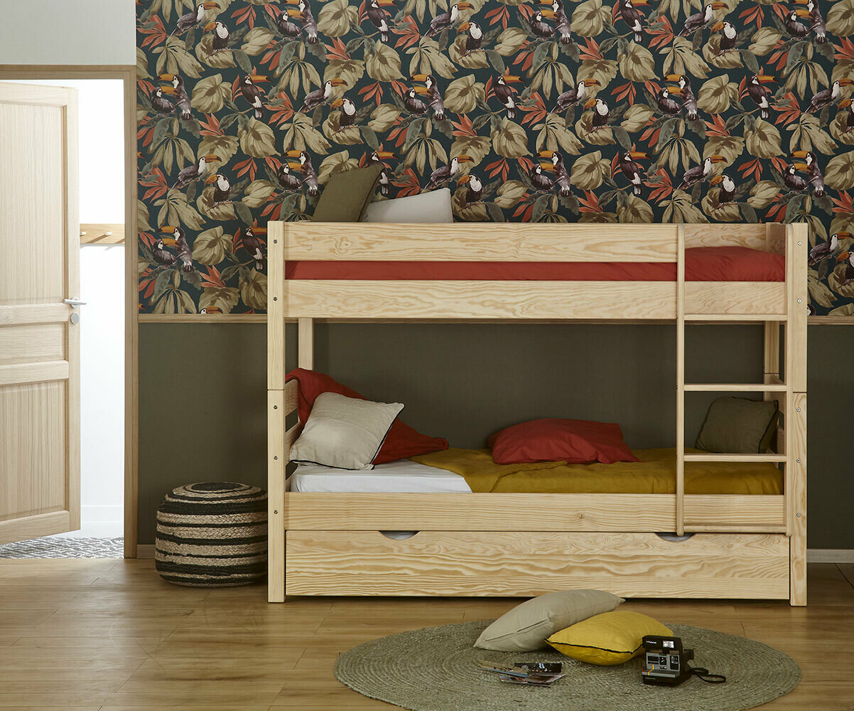 Lit superposé enfant bas avec 2 matelas 1,2,3 Bois naturel 90x200 cm/Opt:Matelas Airfresh 15 cm