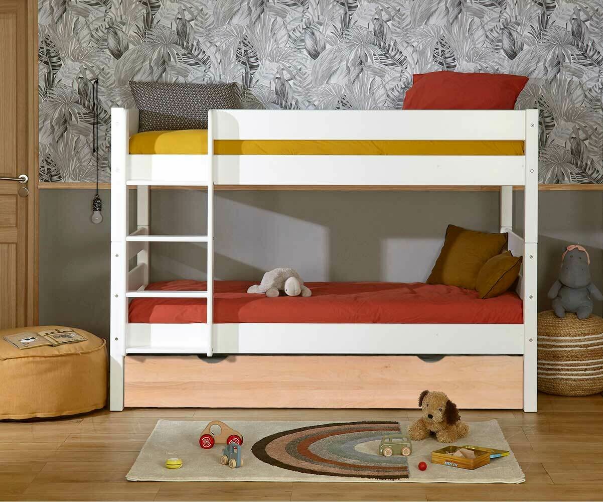 Lit superposé bas gigogne enfant 3 places 1,2,3 Blanc et hêtre 90x200 cm
