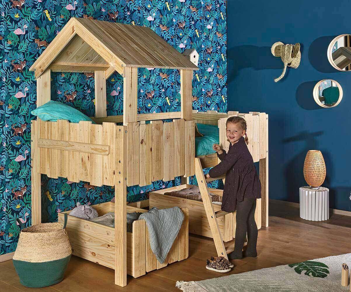 Lit cabane enfant avec matelas Swam Bois naturel 90x190 cm/Opt:Matelas Airfresh 15 cm