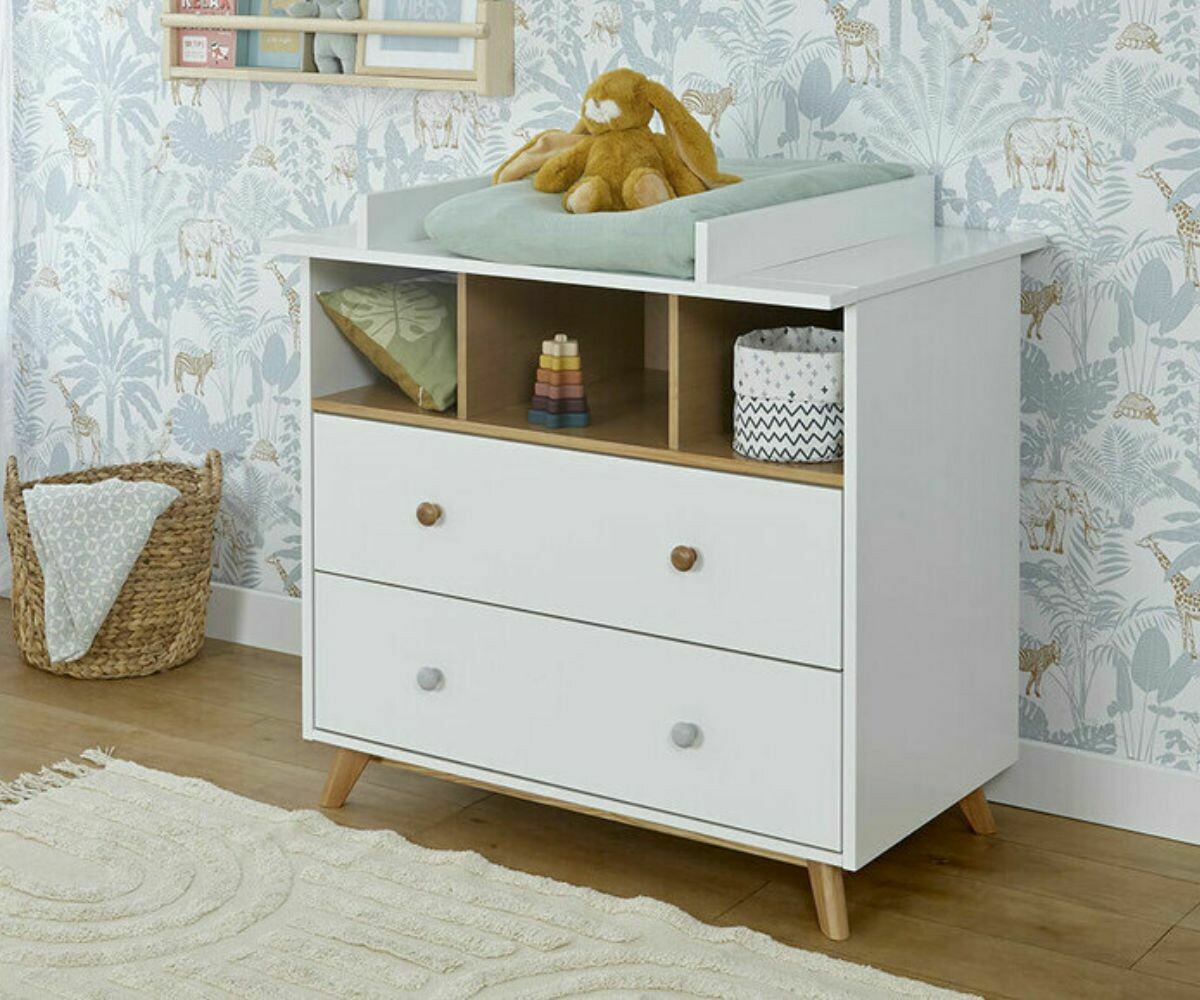 Commode Bébé Pepper Blanc et Bois avec Plan à Langer compatible