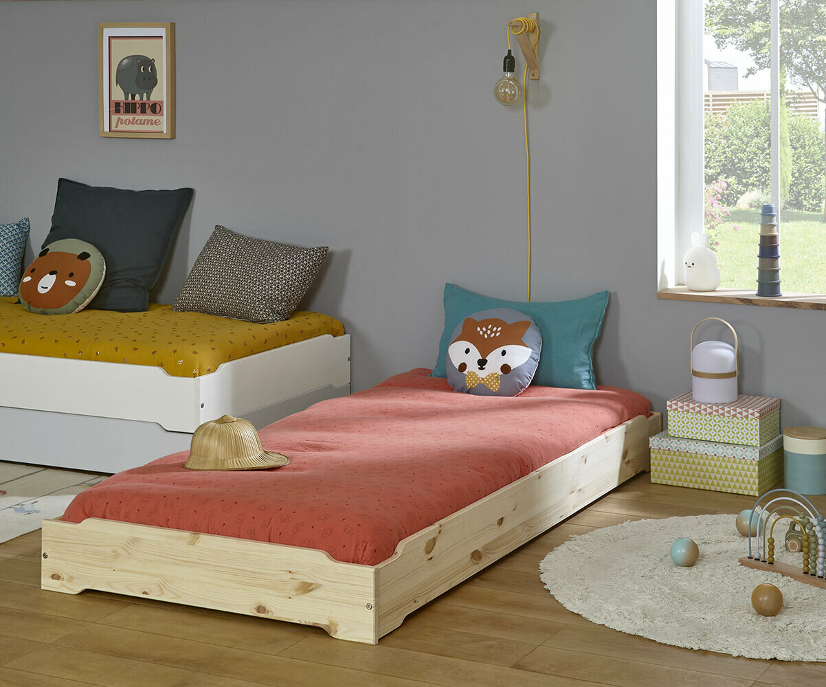 Lit empilable enfant avec sommier Happy Bois naturel 90x190 cm/Opt:2 lits