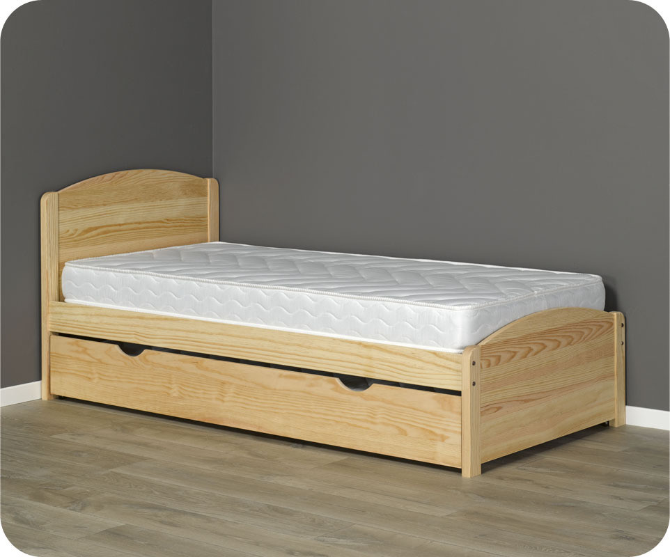 Pack Lit Enfant Gigogne Nature Brut 90x190 cm avec 2 Matelas