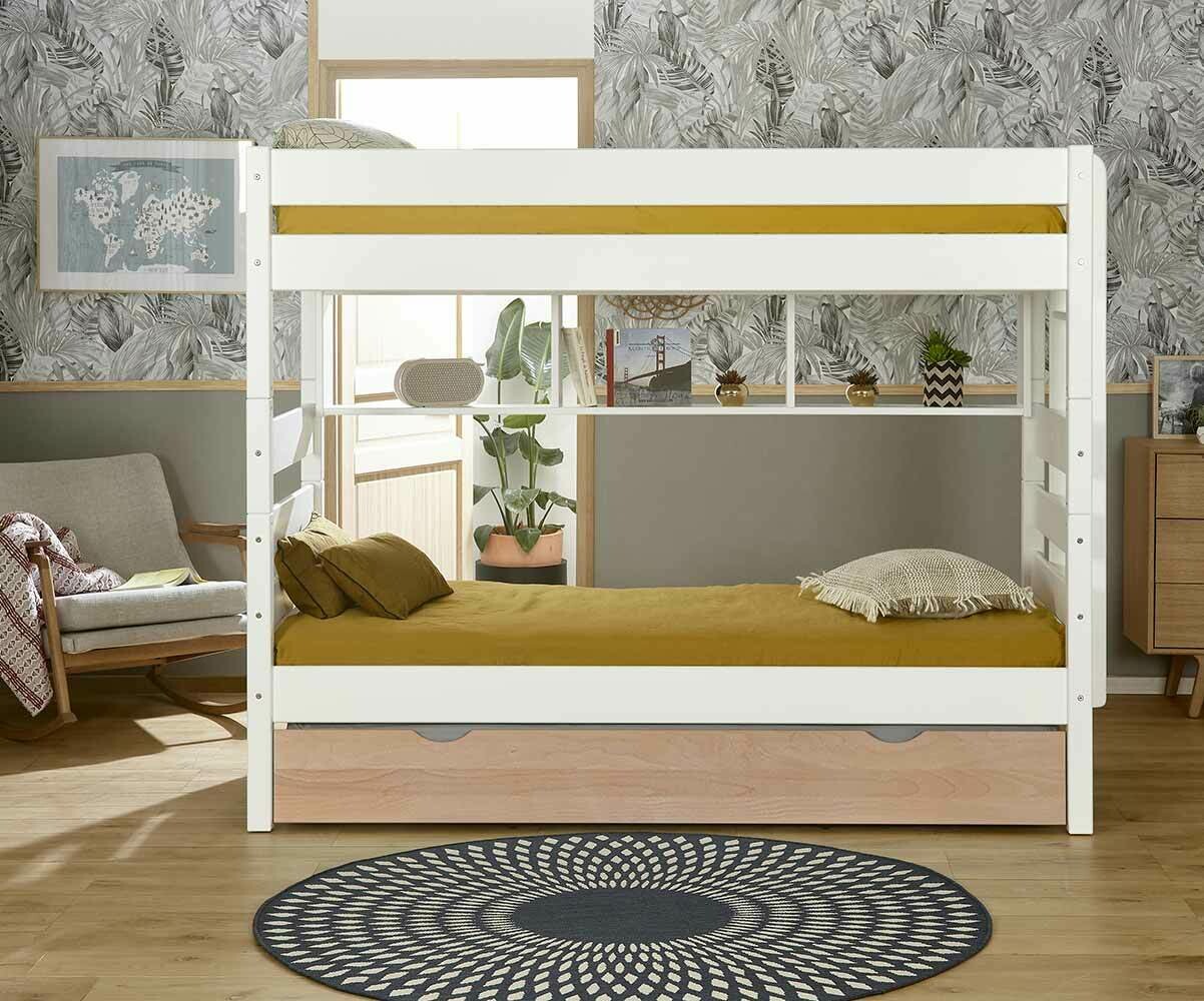 Lit superposé haut gigogne enfant 3 places Kids Blanc et hêtre 90x190 cm