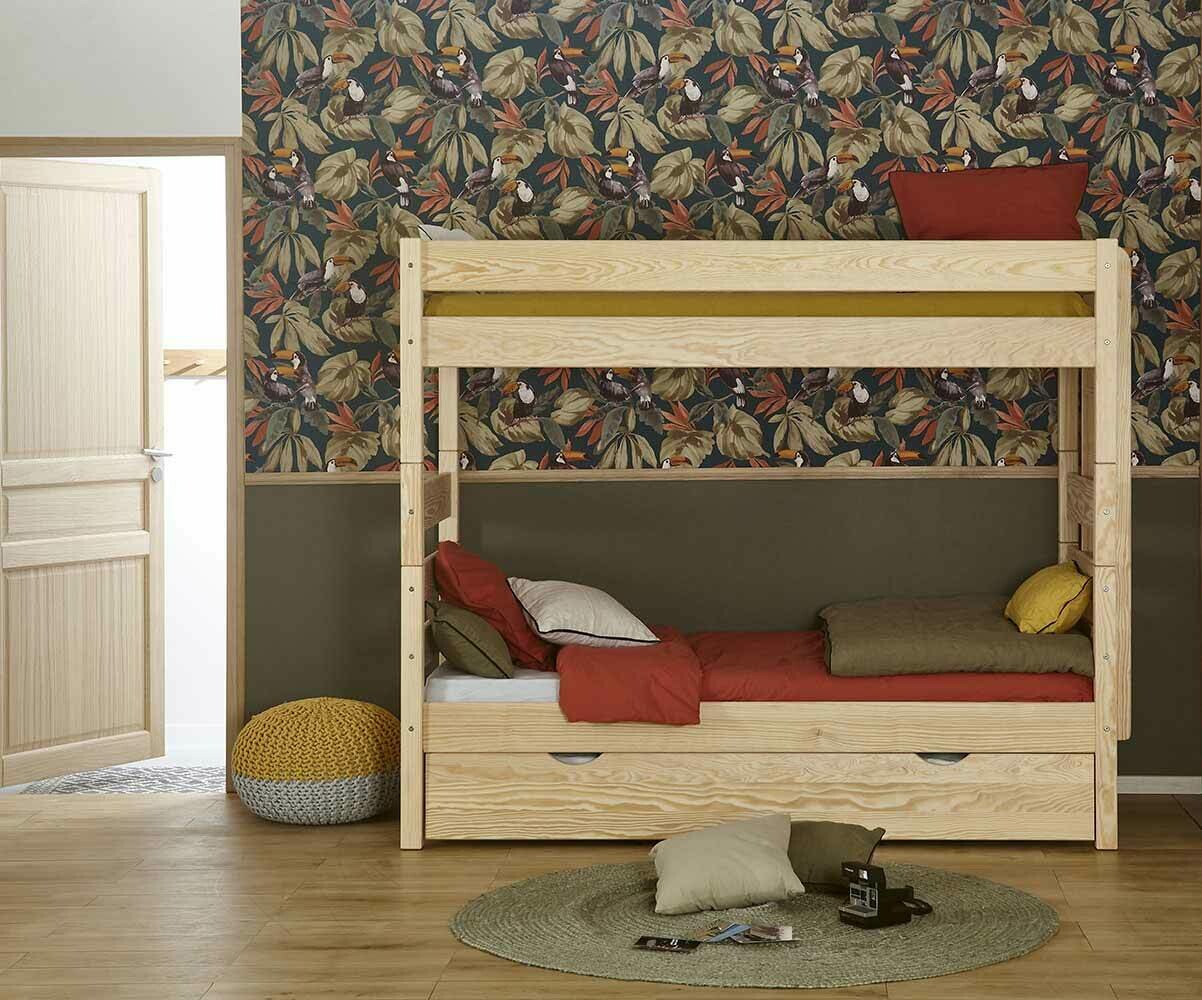 Lit superposé enfant haut avec 2 matelas Kids Bois naturel 90x190 cm/Opt:Matelas Airfresh 15 cm