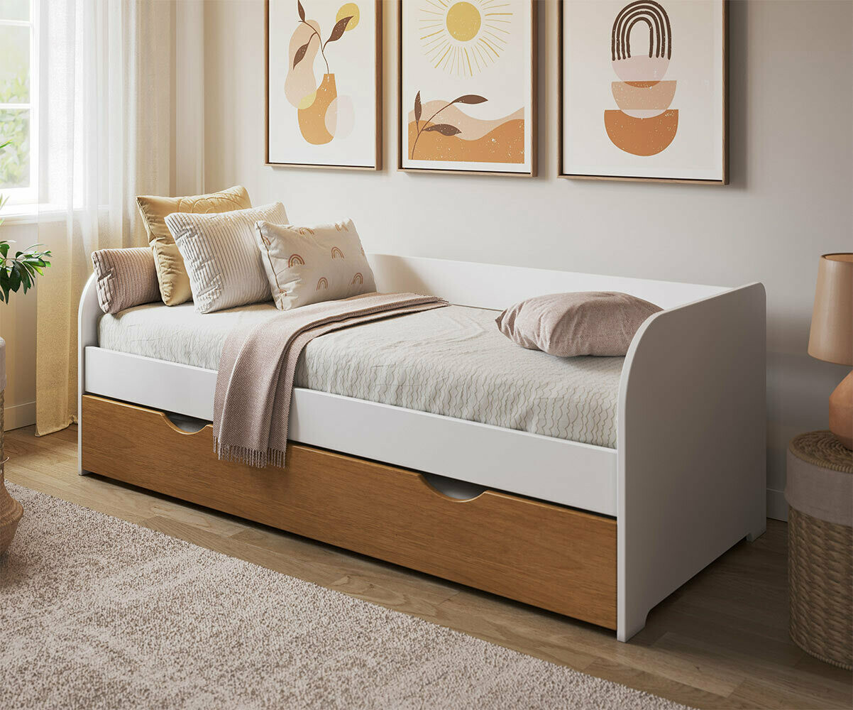 Lit gigogne banquette enfant Bali Blanc et hêtre 80x200 cm