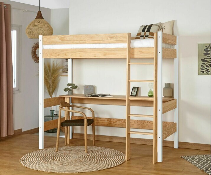 Lit mezzanine Clay blanc et bois (bureau en option)