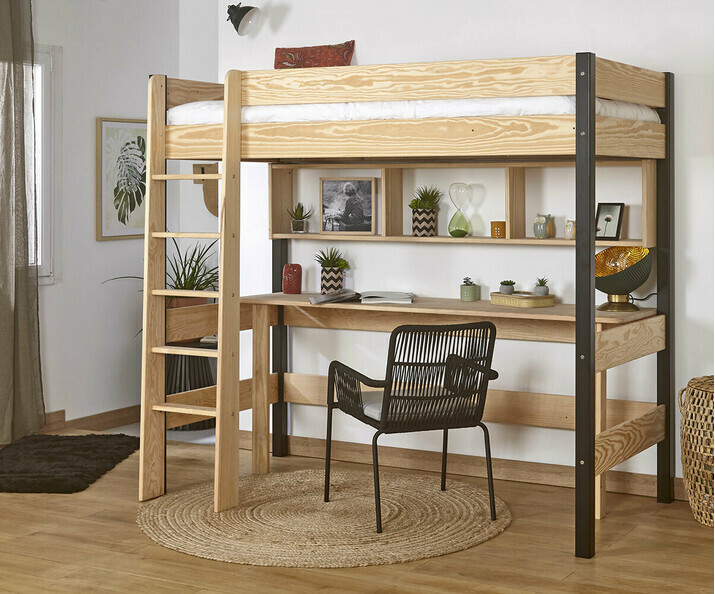 Lit Mezzanine Enfant Clay avec Bureau. Lit 1 place robuste en Bois massif