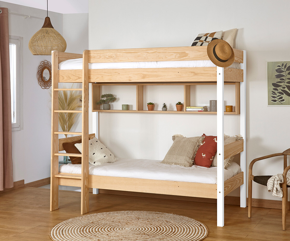 Lit superposé enfant Clay Blanc et bois 90x190 cm