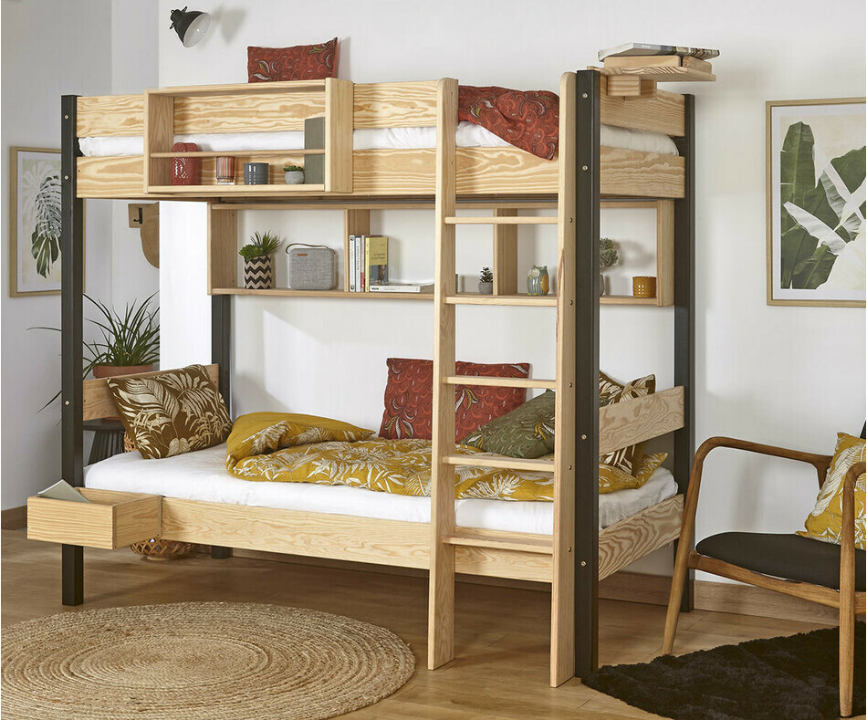 Lit superposé enfant Clay bicolore noir et bois (rangements en option)