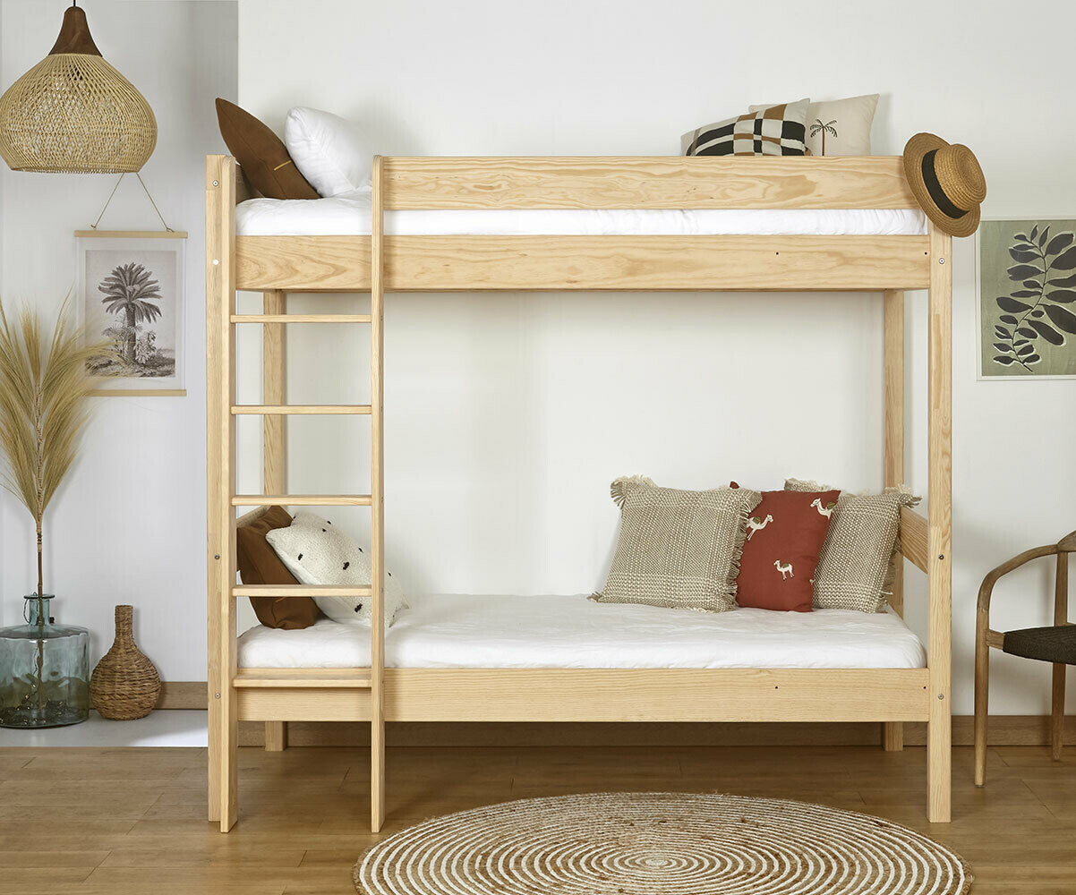 Lit superposé enfant avec 2 matelas Clay Bois naturel 90x190 cm/Opt:Matelas Airfresh 15 cm