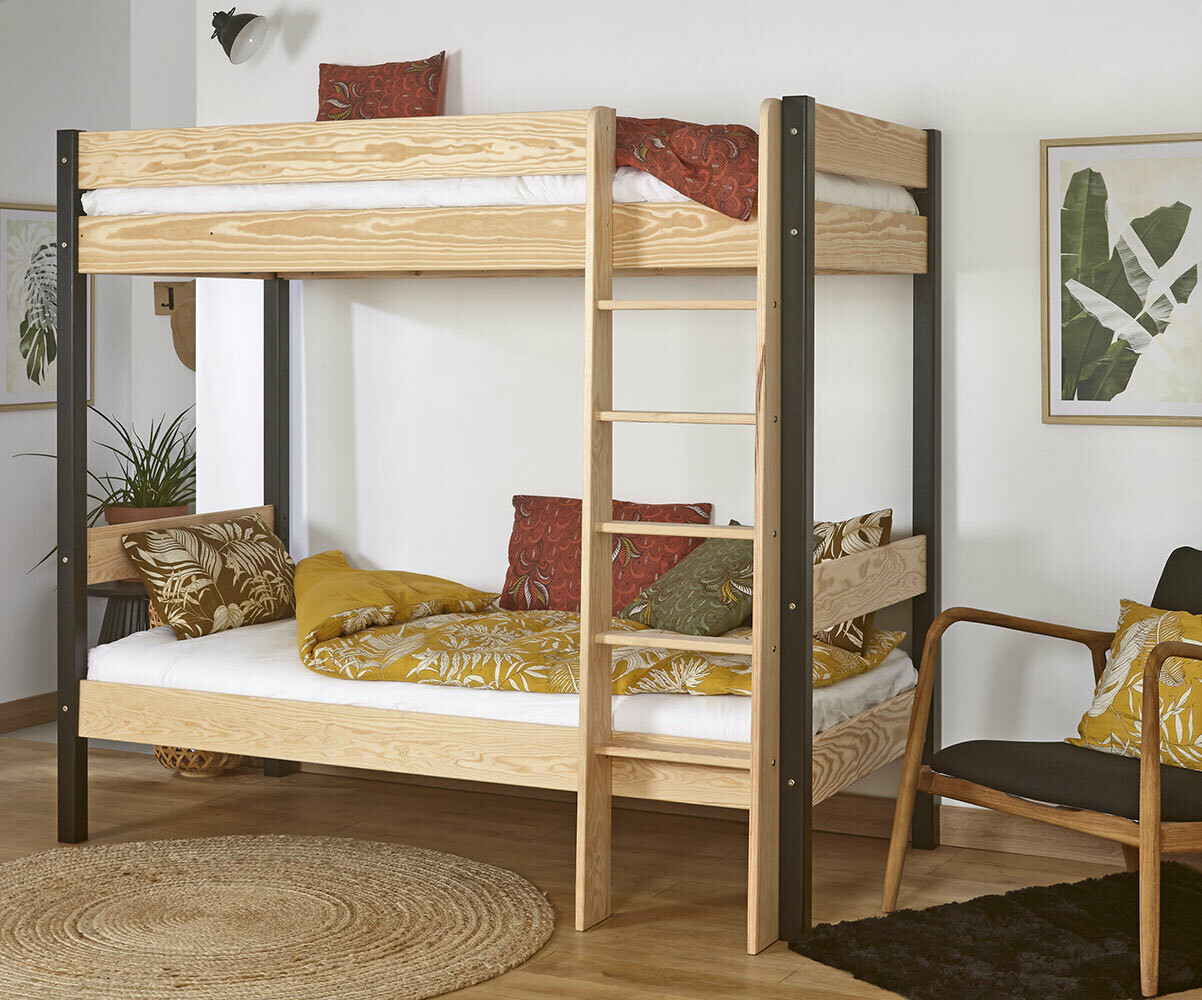 Lit superposé enfant avec 2 matelas Clay Noir et bois 90x190 cm/Opt:Matelas Norway 13 cm