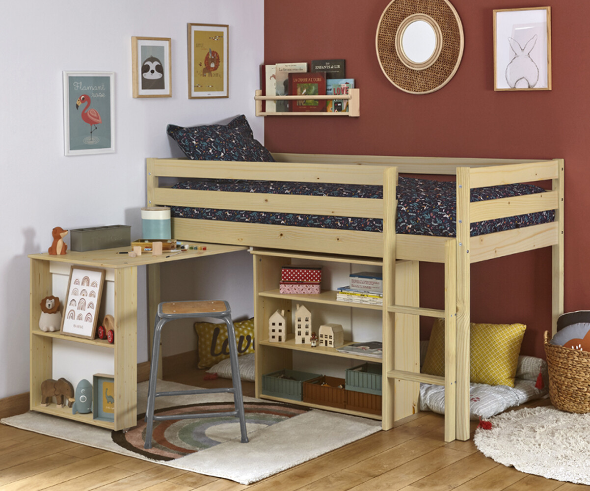 Lit mi-hauteur enfant avec bureau et matelas Tamis Bois naturel 90x190 cm/Opt:Matelas Norway 13 cm