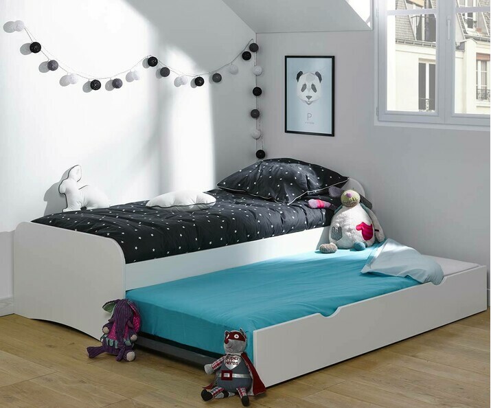 Pack Lit enfant Gigogne Twist Blanc 90x190 cm avec 2 matelas déplié