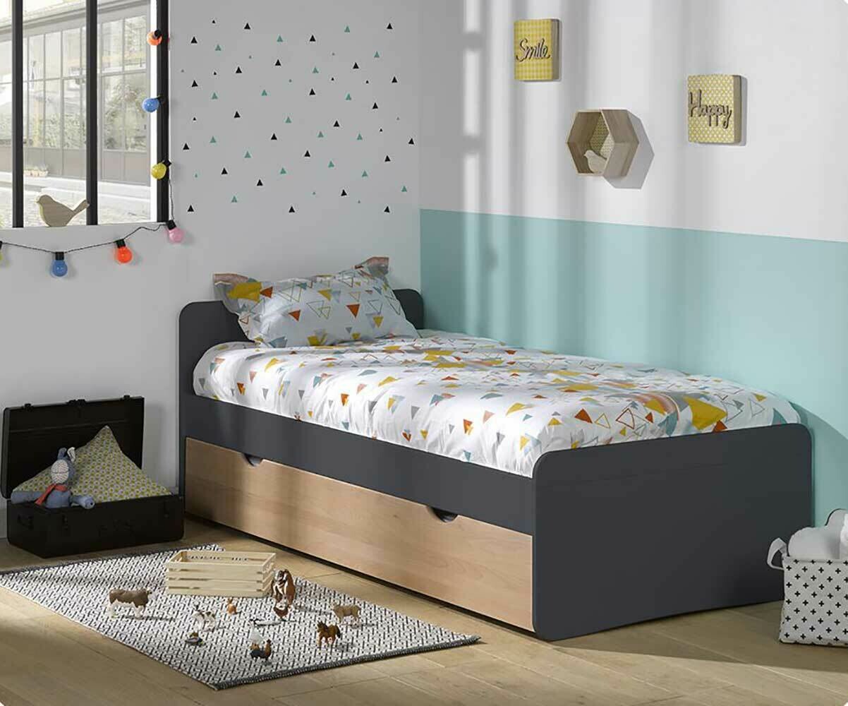 Lit gigogne enfant avec 2 matelas Willow Gris anthracite et hêtre 90x190 cm/Opt:Matelas Airfresh 15 cm