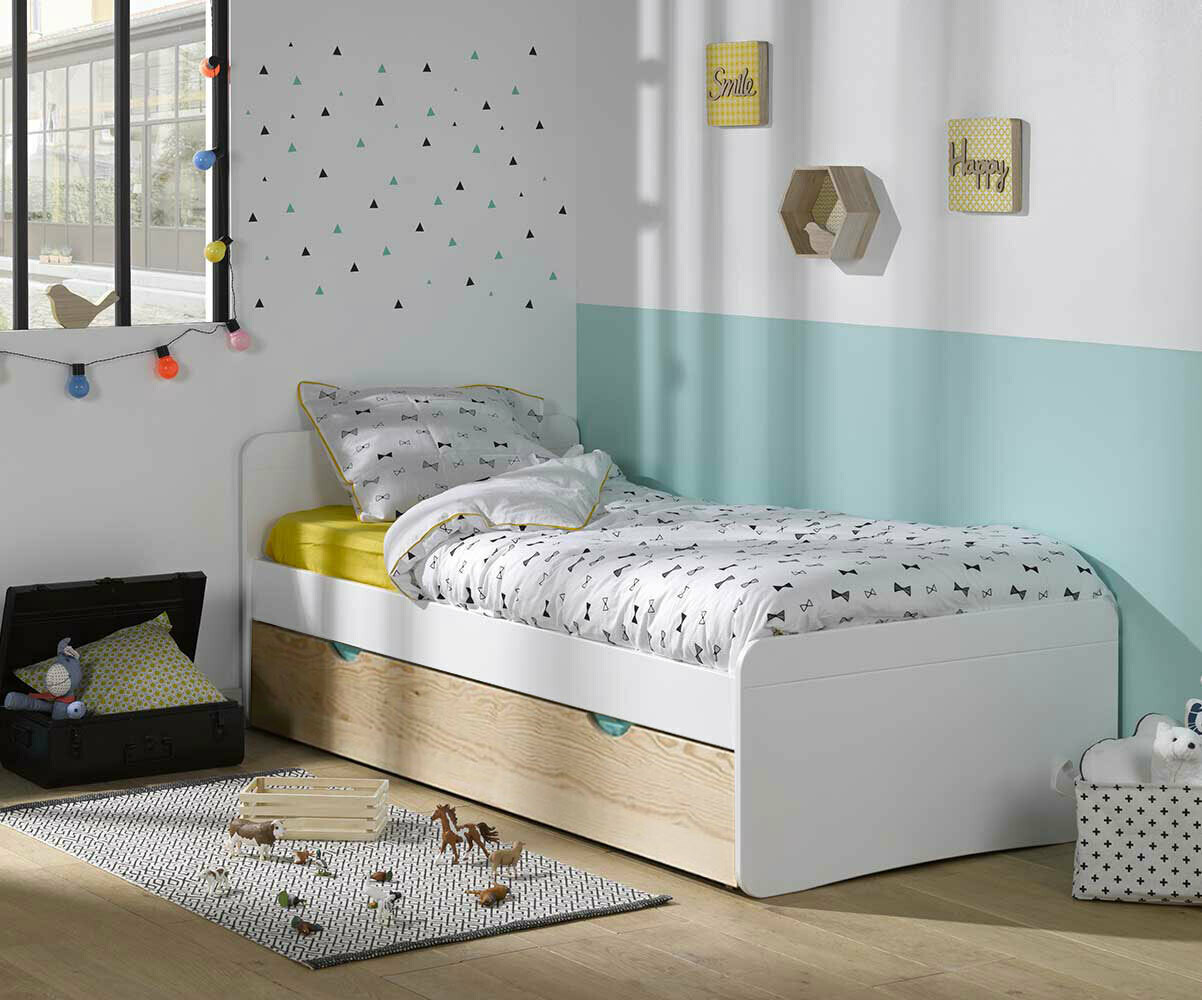 Lit gigogne enfant avec 2 matelas Willow Blanc et hêtre 90x190 cm/Opt:Matelas Airfresh 15 cm