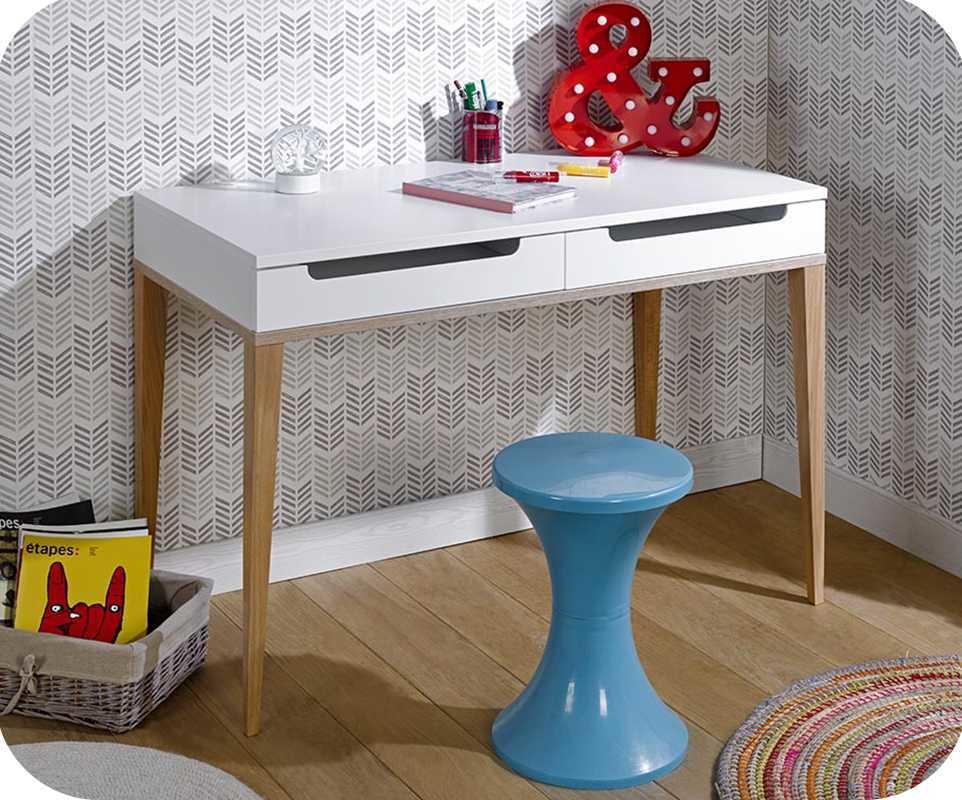 Bureau Enfant Riga Blanc et Bois avec Tiroirs