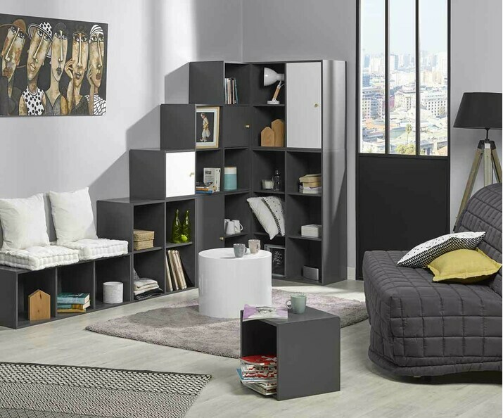 Bibliothèque avec Meuble de Rangements Moov 3 Cases Grises avec portes