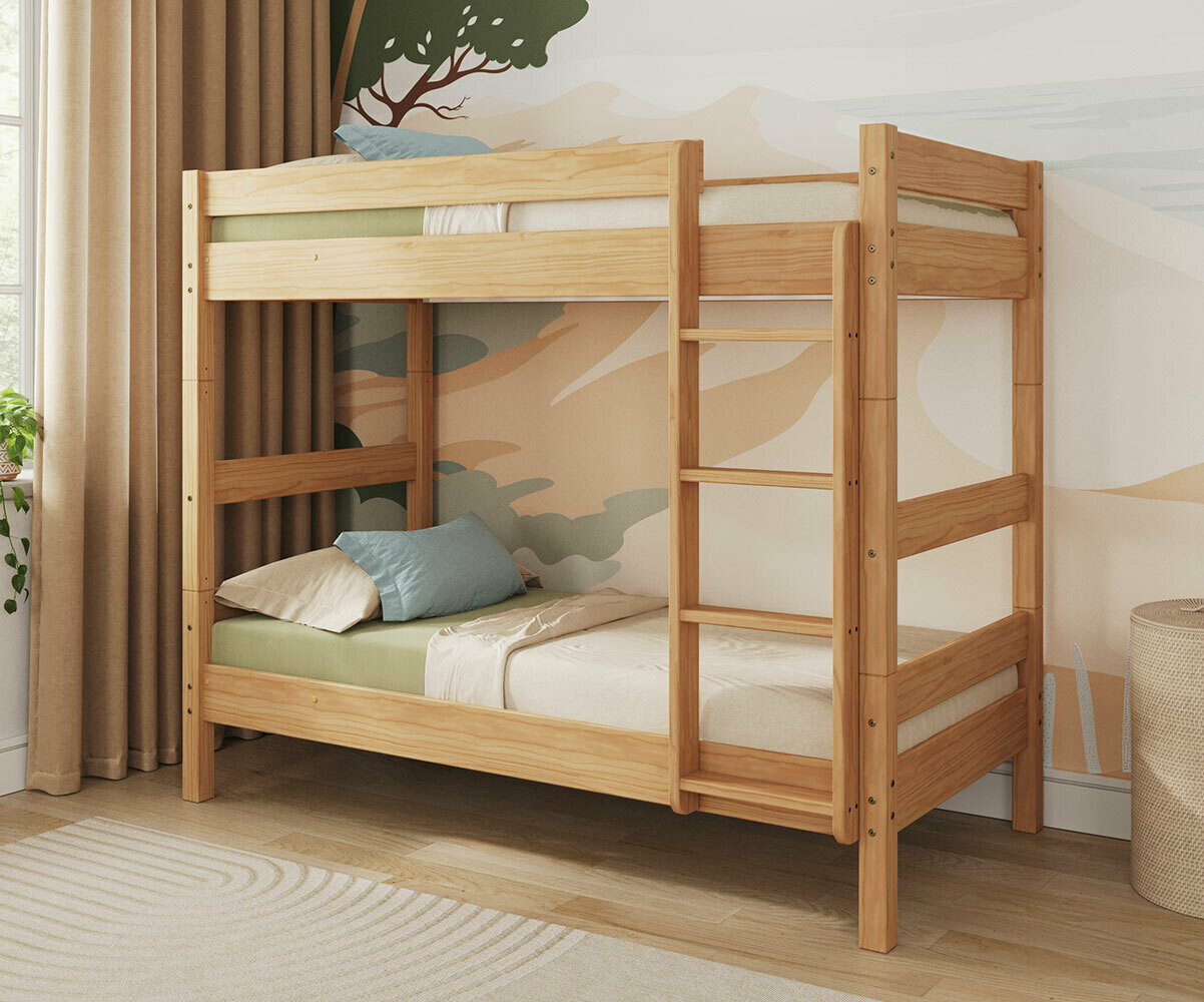 Lit superposé enfant avec 2 matelas Wood Ciré miel 80x190 cm