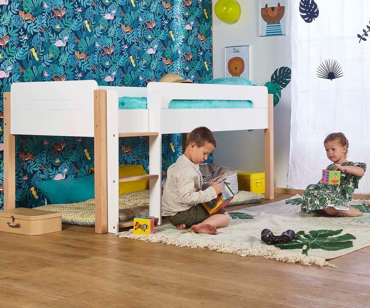 Lit mi-hauteur enfant avec matelas Sweet Blanc et bois 90x190 cm/Opt:Matelas Norway 13 cm