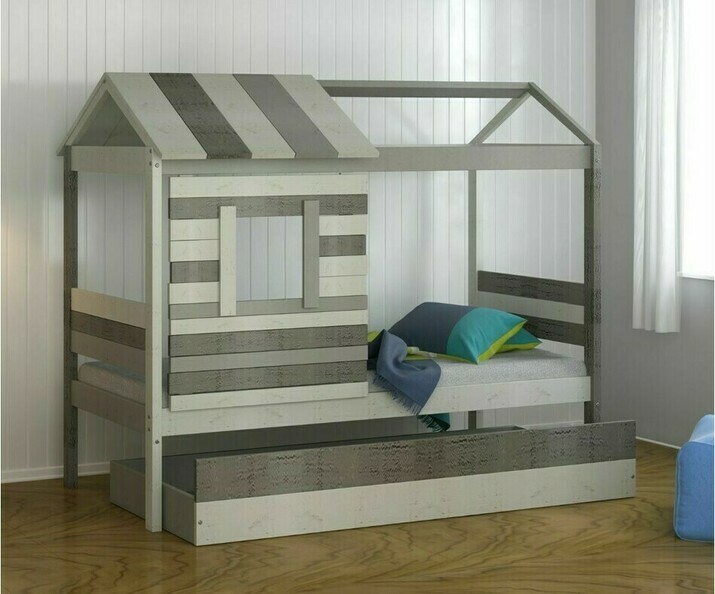 Lit cabane enfant en bois massif 90 x 190 cm avec sommier +