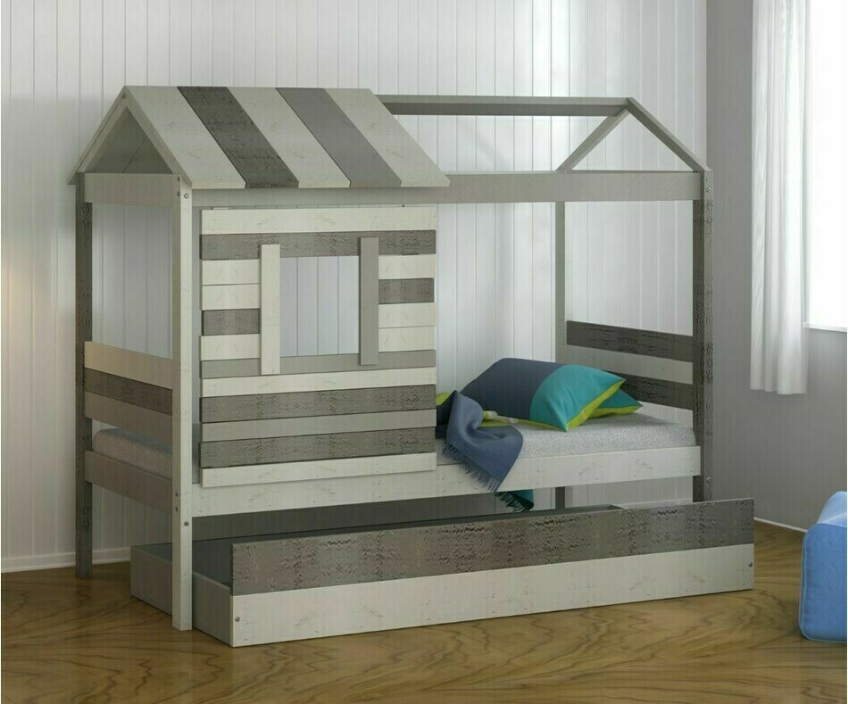 Lit cabane enfant avec matelas Tim Blanc et gris clair 90x190 cm