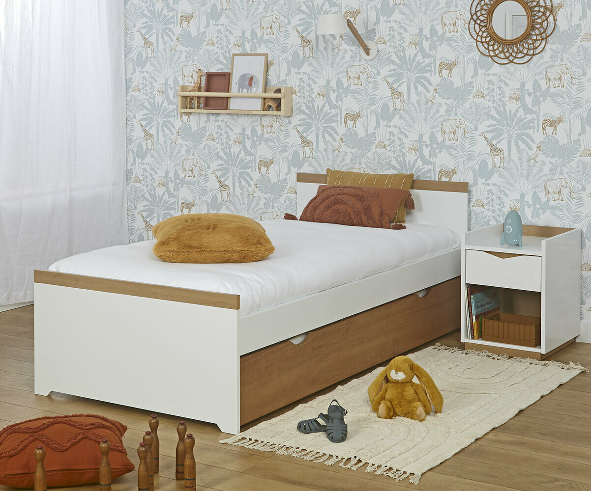 Lit gigogne enfant avec 2 matelas Jaipur Blanc et bois 90x190 cm/Opt:Matelas Airfresh 15 cm