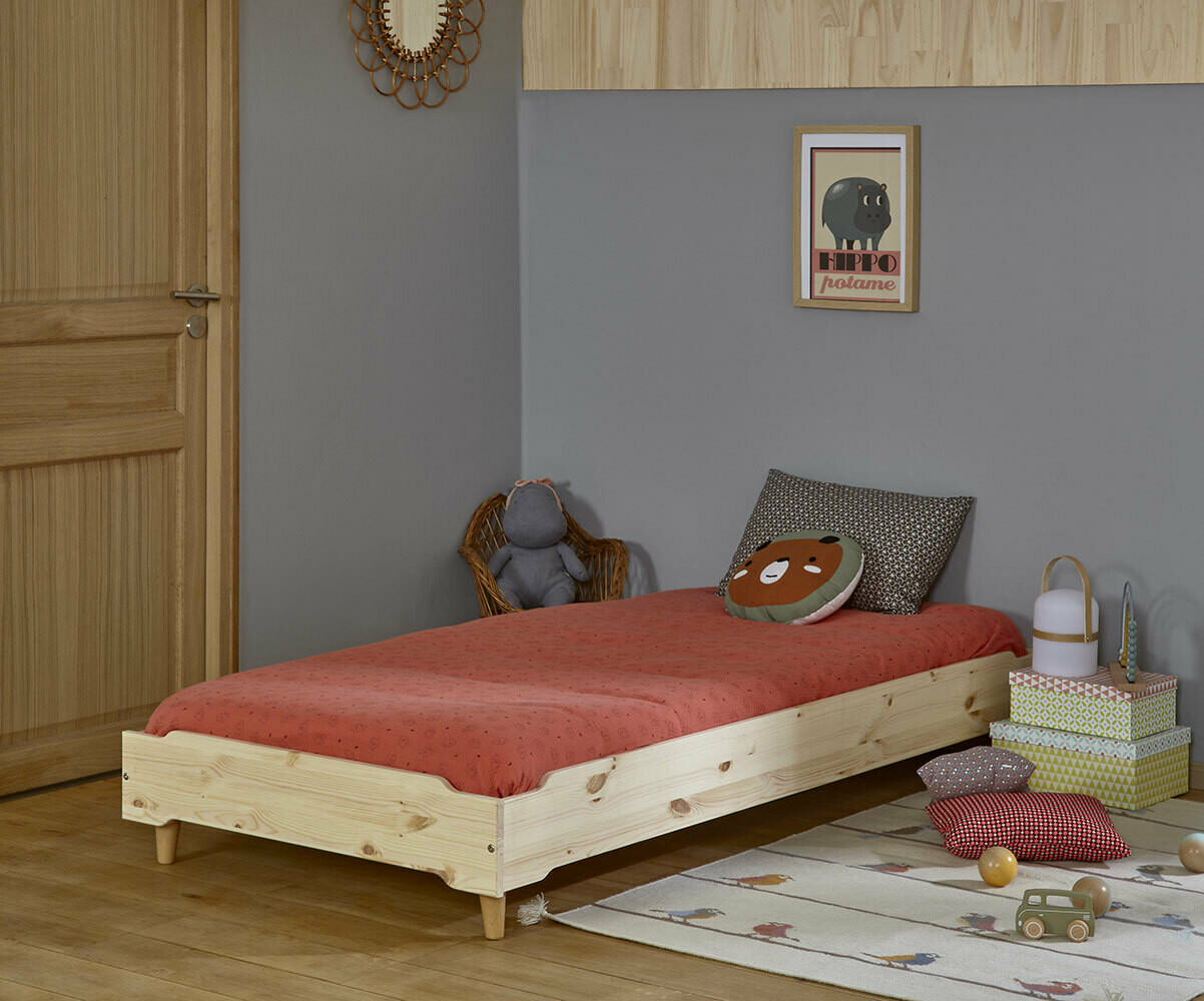 Lit enfant avec pieds et sommier Happy Bois naturel 90x190 cm
