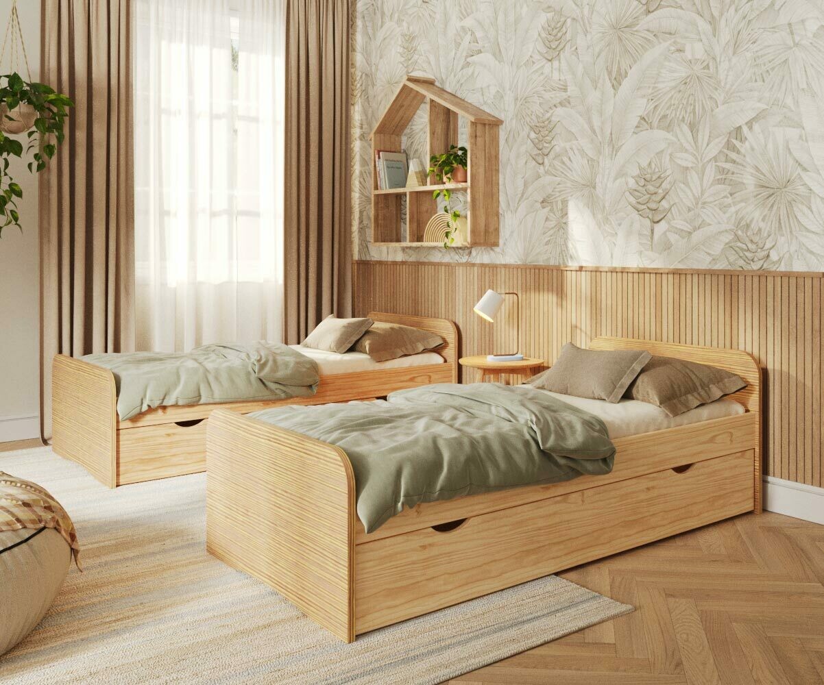 PROMO ! Lit ado avec sommier et matelas Twist Bois naturel 90x200 cm/Opt:Matelas Airfresh 15 cm