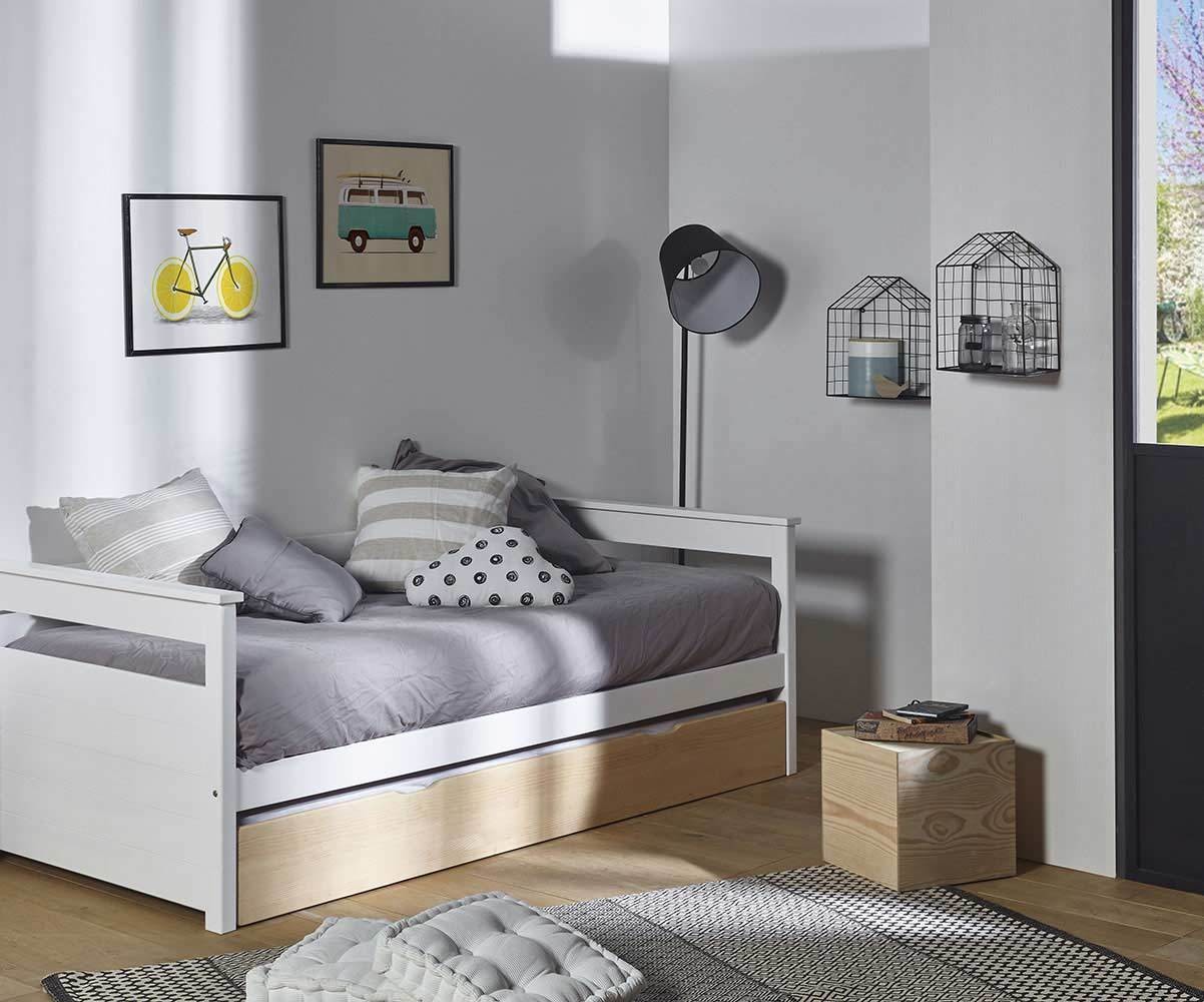 Lit gigogne banquette adulte avec 2 matelas Mélo Blanc et bois 90x200 cm/Opt:Matelas Airfresh 15 cm