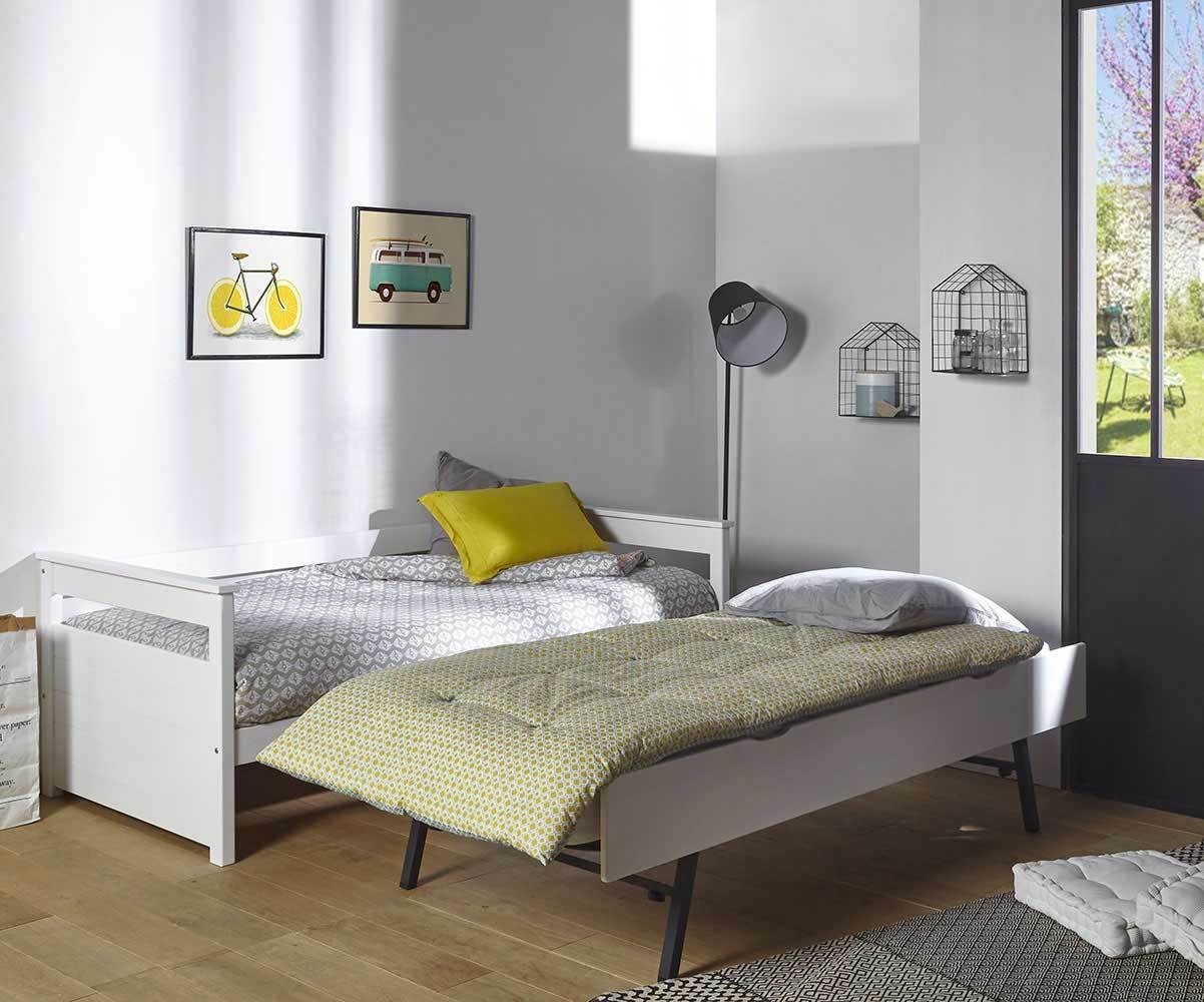 Lit gigogne banquette adulte avec 2 matelas Mélo Blanc et bois 90x190 cm/Opt:Matelas Norway 13 cm