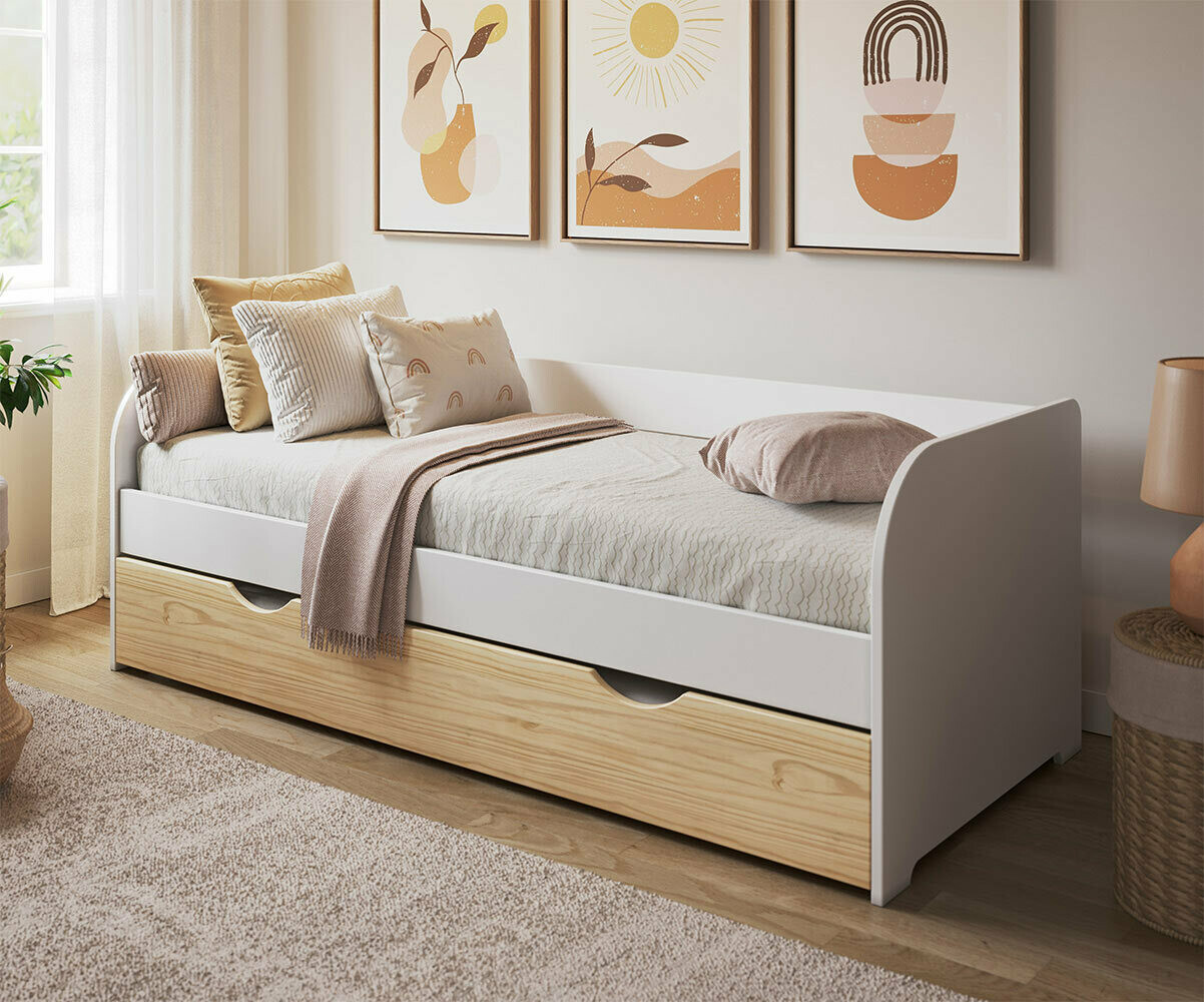 Lit gigogne banquette ado avec 2 matelas Bali Blanc et hêtre 80x200 cm/Opt:Matelas Norway 13 cm