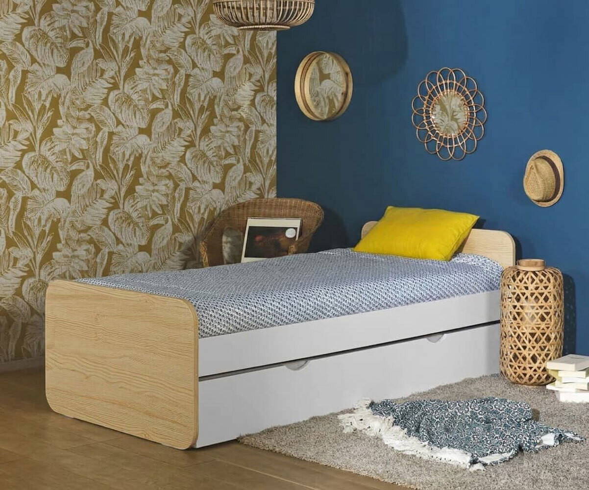 PROMO ! Lit gigogne adulte avec 2 matelas Lemon Blanc et bois 90x200 cm/Opt:Matelas Airfresh 15 cm
