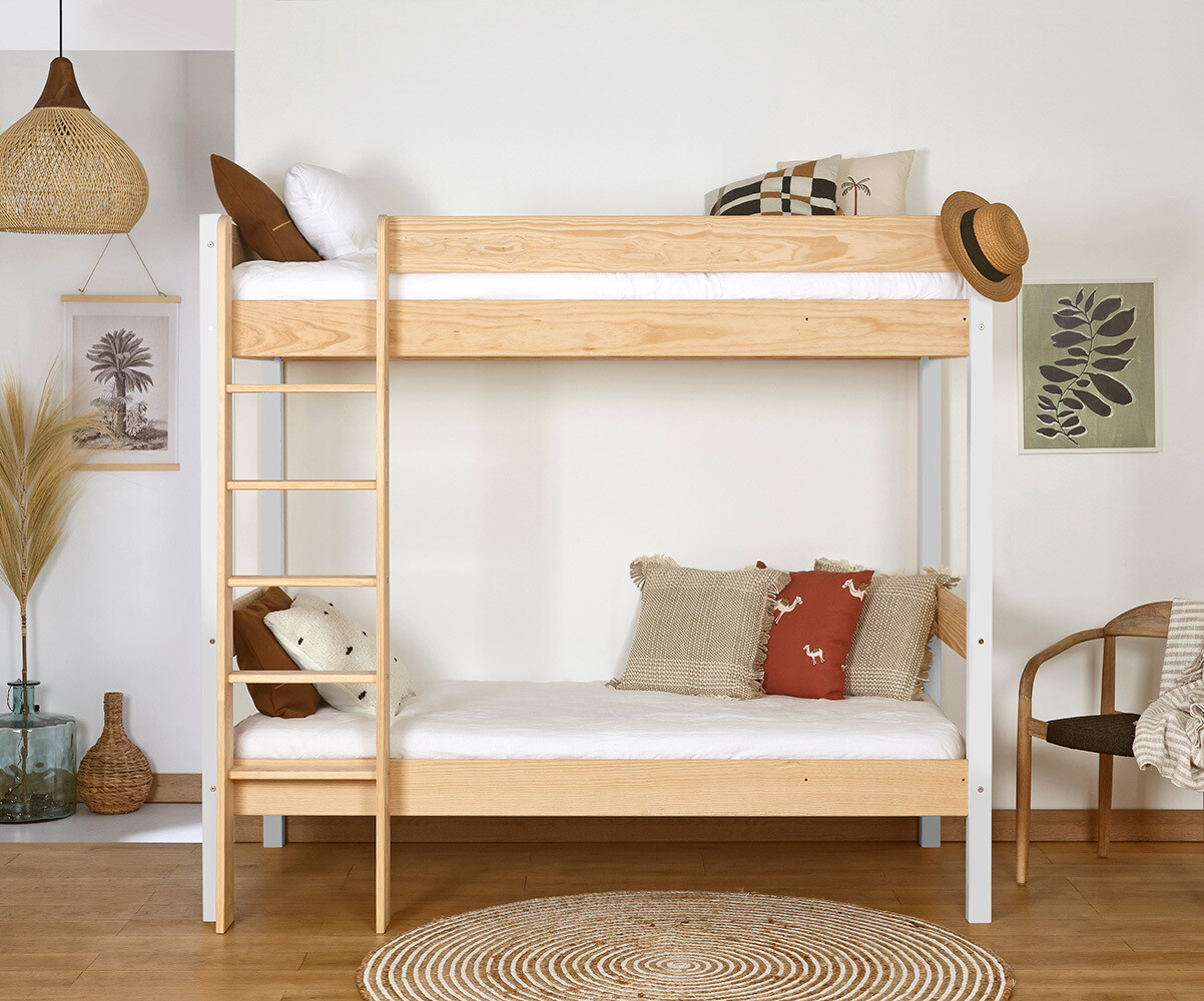 Lit superposé adulte avec 2 matelas Clay Blanc et bois 90x190 cm/Opt:Matelas Airfresh 15 cm