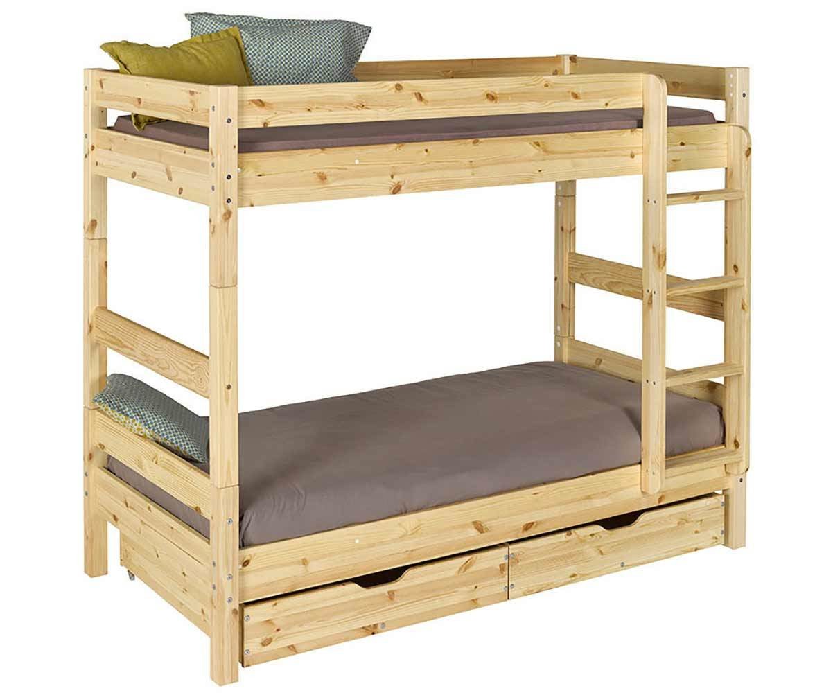 Lit superposé adulte avec 2 matelas Wood Bois naturel 90x190 cm