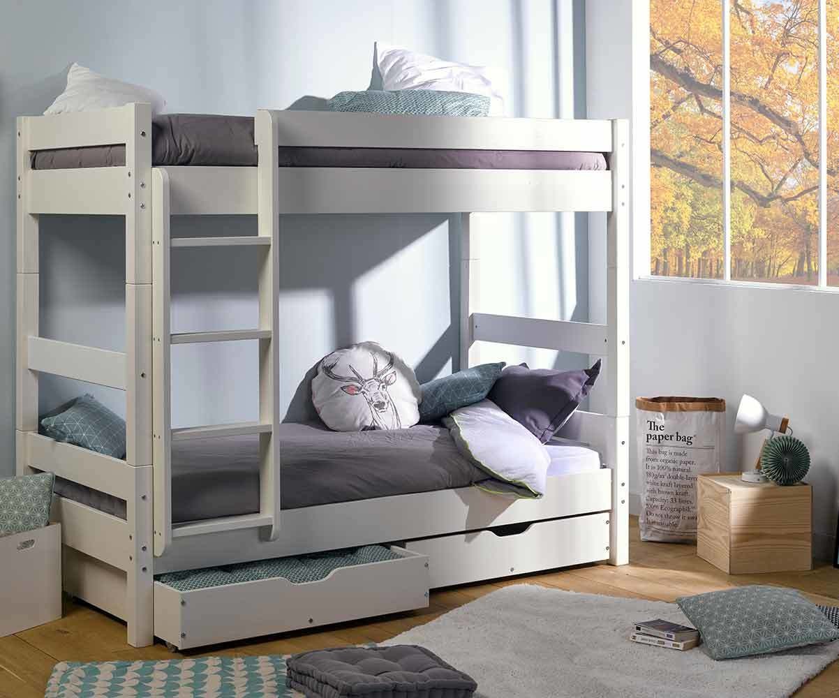 Lit superposé adulte avec 2 matelas Wood Blanc 90x190 cm
