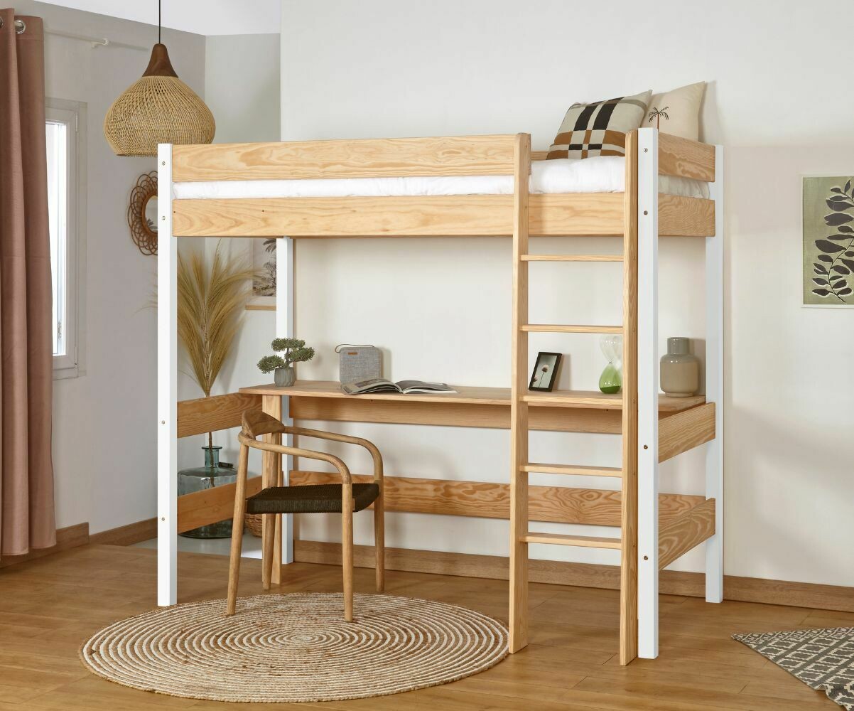 Lit mezzanine adulte Clay Blanc et bois 90x190 cm