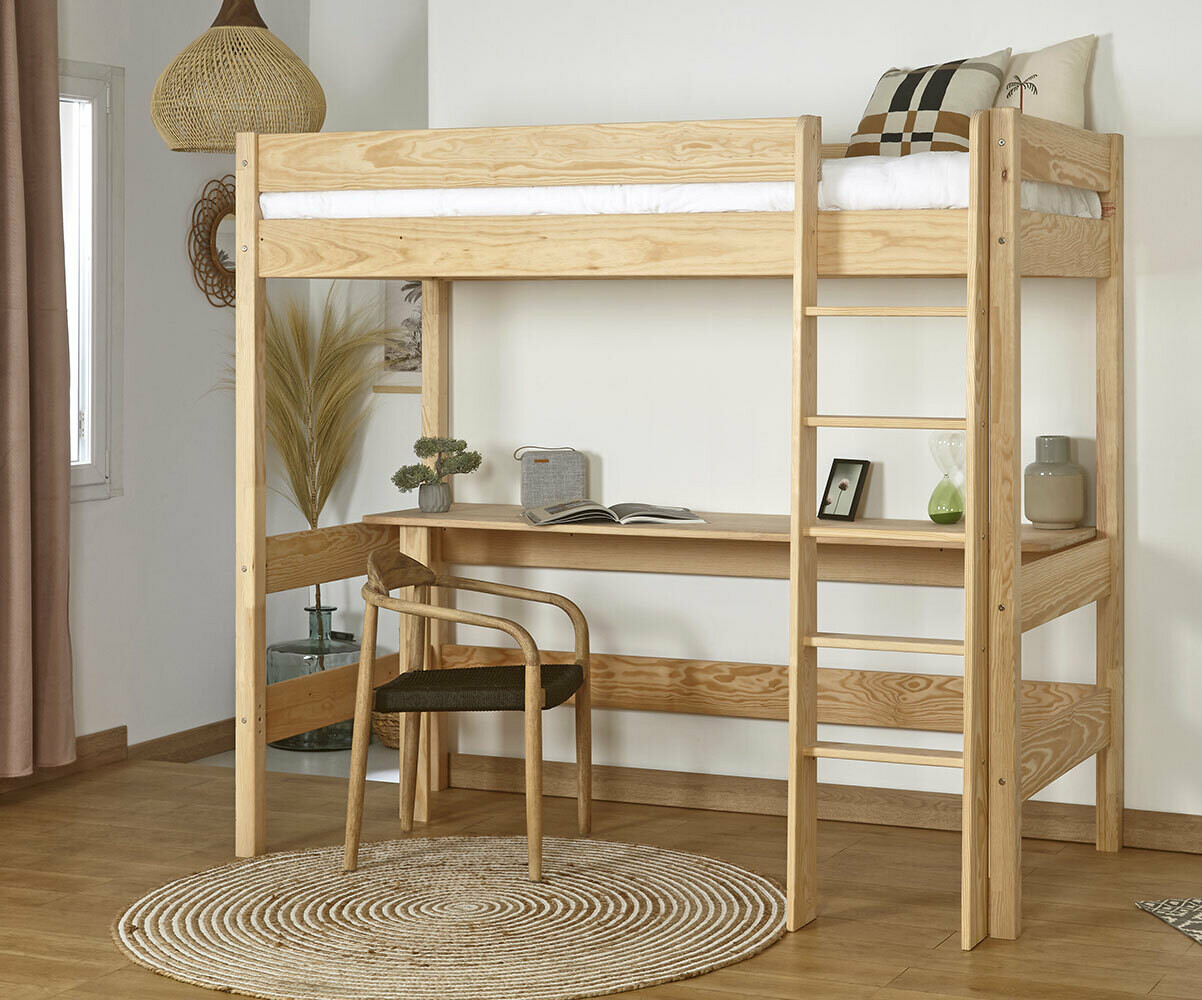 Lit mezzanine ado avec bureau Clay Bois naturel 90x190 cm
