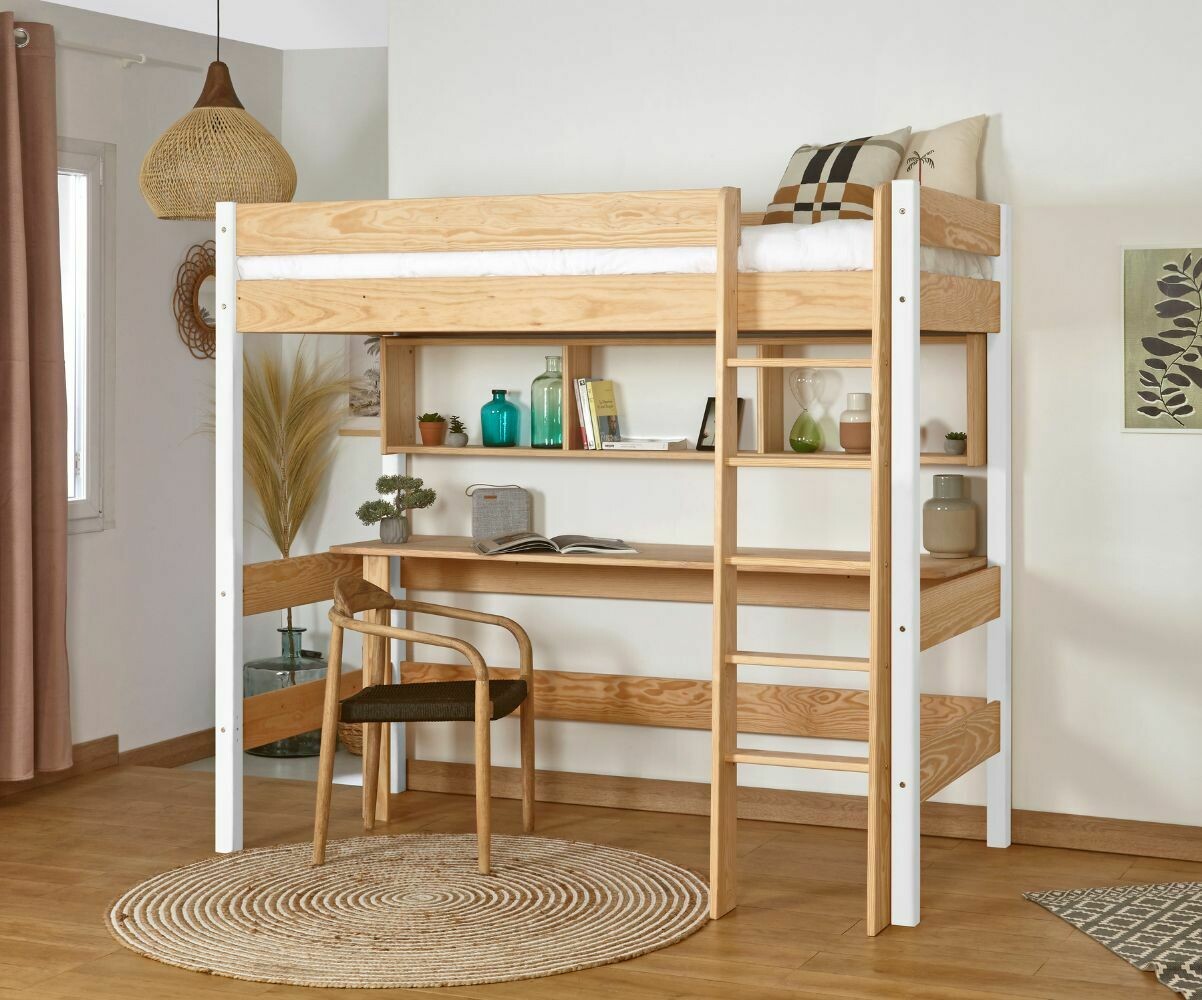 Lit mezzanine ado avec matelas Clay Blanc et bois 90x190 cm/Opt:Matelas Norway 13 cm