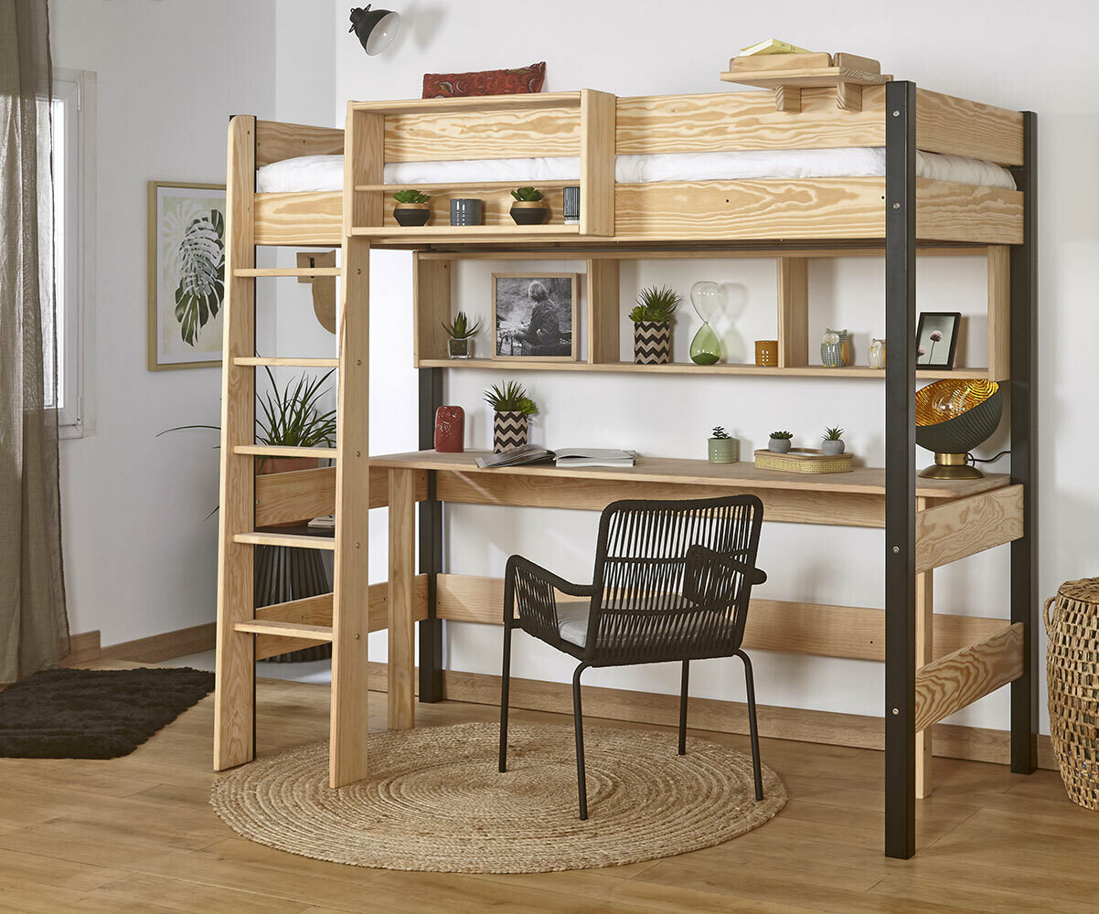 Lit mezzanine ado avec matelas Clay Noir et bois 90x190 cm/Opt:Matelas Norway 13 cm