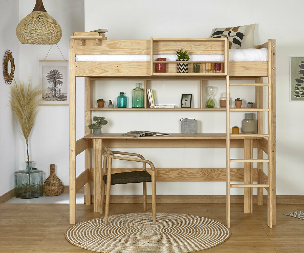 Lit mezzanine adulte avec matelas Clay Bois naturel 90x190 cm/Opt:Matelas Airfresh 15 cm