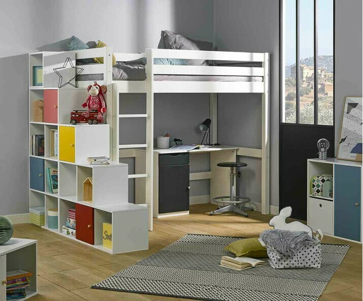 Ambiance Lit mezzanine Cargo blanc avec meubles de rangement Moov blancs