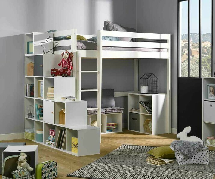 Ambiance Lit mezzanine Cargo blanc avec meubles de rangement Moov blancs