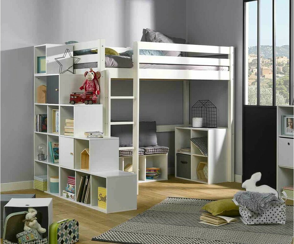 Ambiance Lit mezzanine Cargo blanc avec meubles de rangement Moov blancs