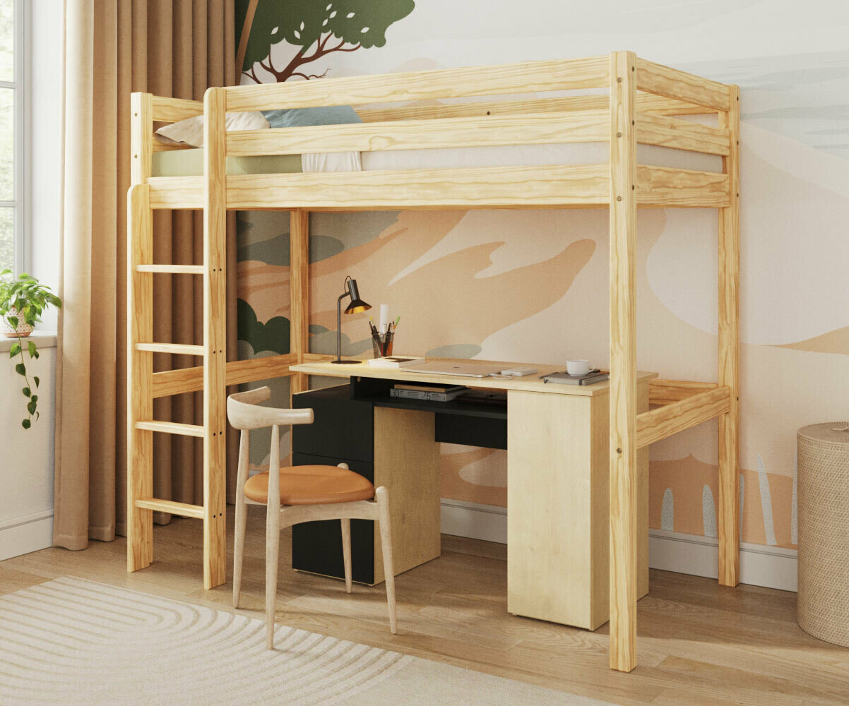 PROMO ! Lit mezzanine adulte Cargo Bois naturel 90x190 cm